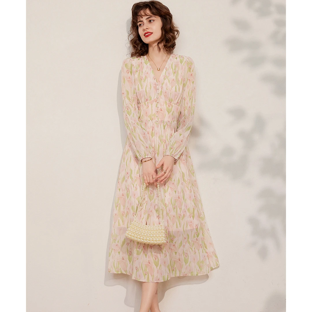 白鹿语欧若假日风法优雅印花裙设计感腰封修身连衣裙ZBY20039