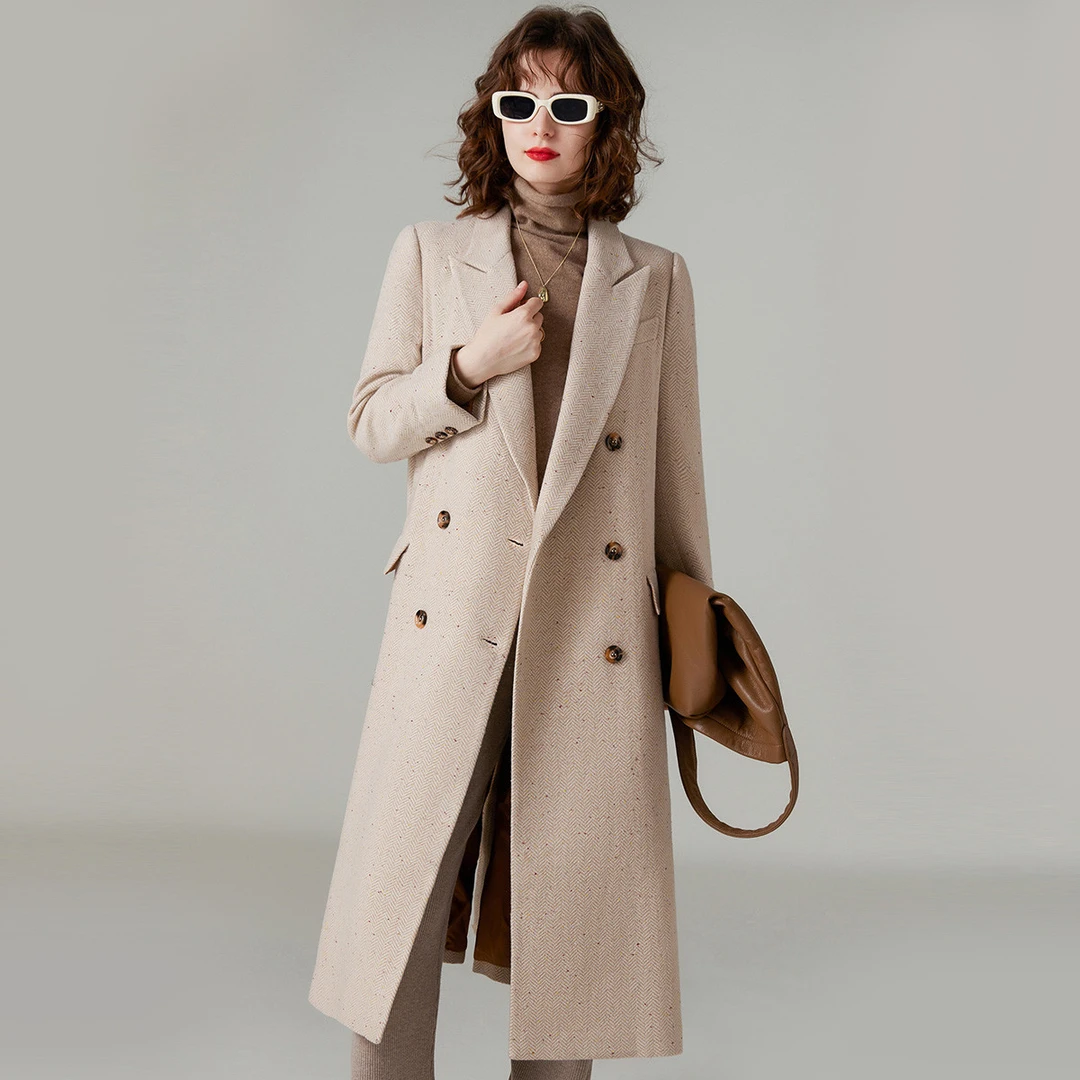 白鹿语秋冬新款西装领双排扣纯色通勤中长毛呢大衣外套女WBX36085