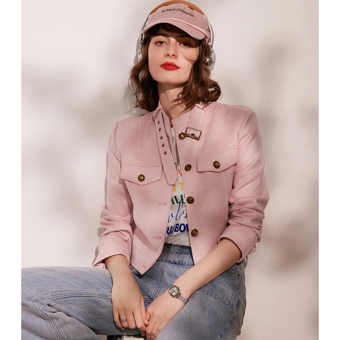 白鹿语新款设计感可调节领袢短款机车风外套夹克女WBY10041