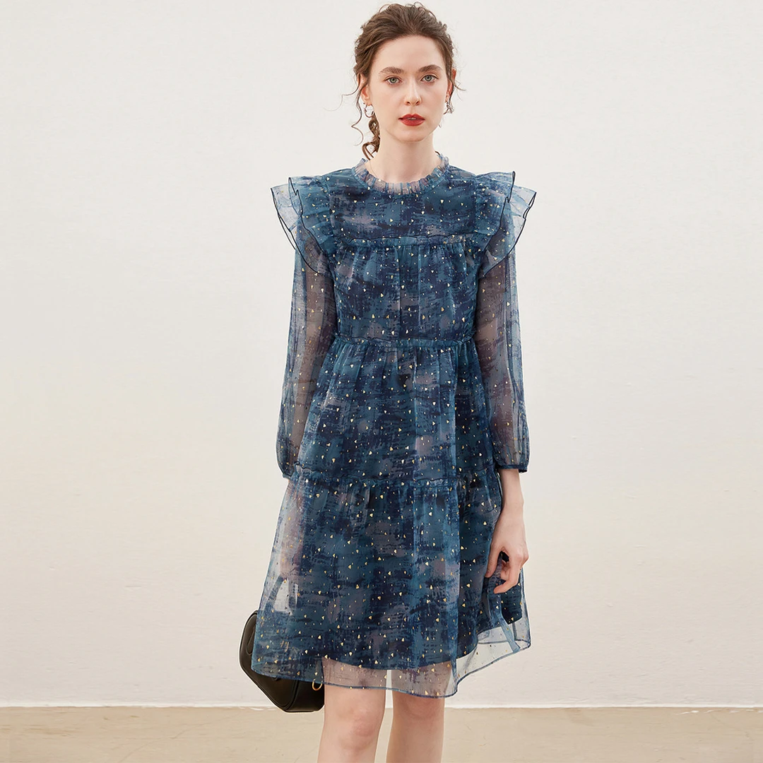 白鹿语新款时尚百搭休闲设计感闪亮长袖女装连衣裙BL10346