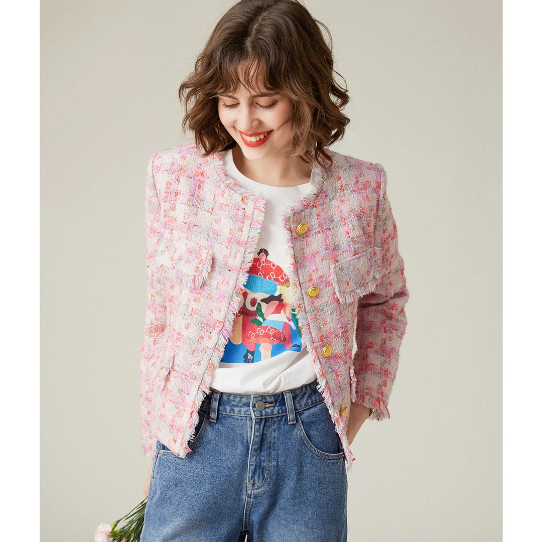 白鹿语冬新款温柔流苏须边小香风格纹鸭绒轻暖羽绒服ZBX10008