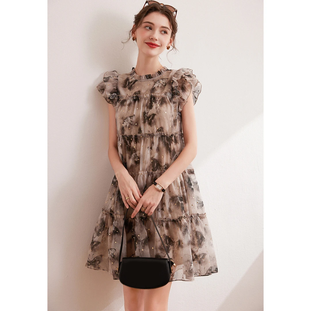 白鹿语夏季时尚气质小飞袖甜美减龄圆领木耳边连衣裙HU20259