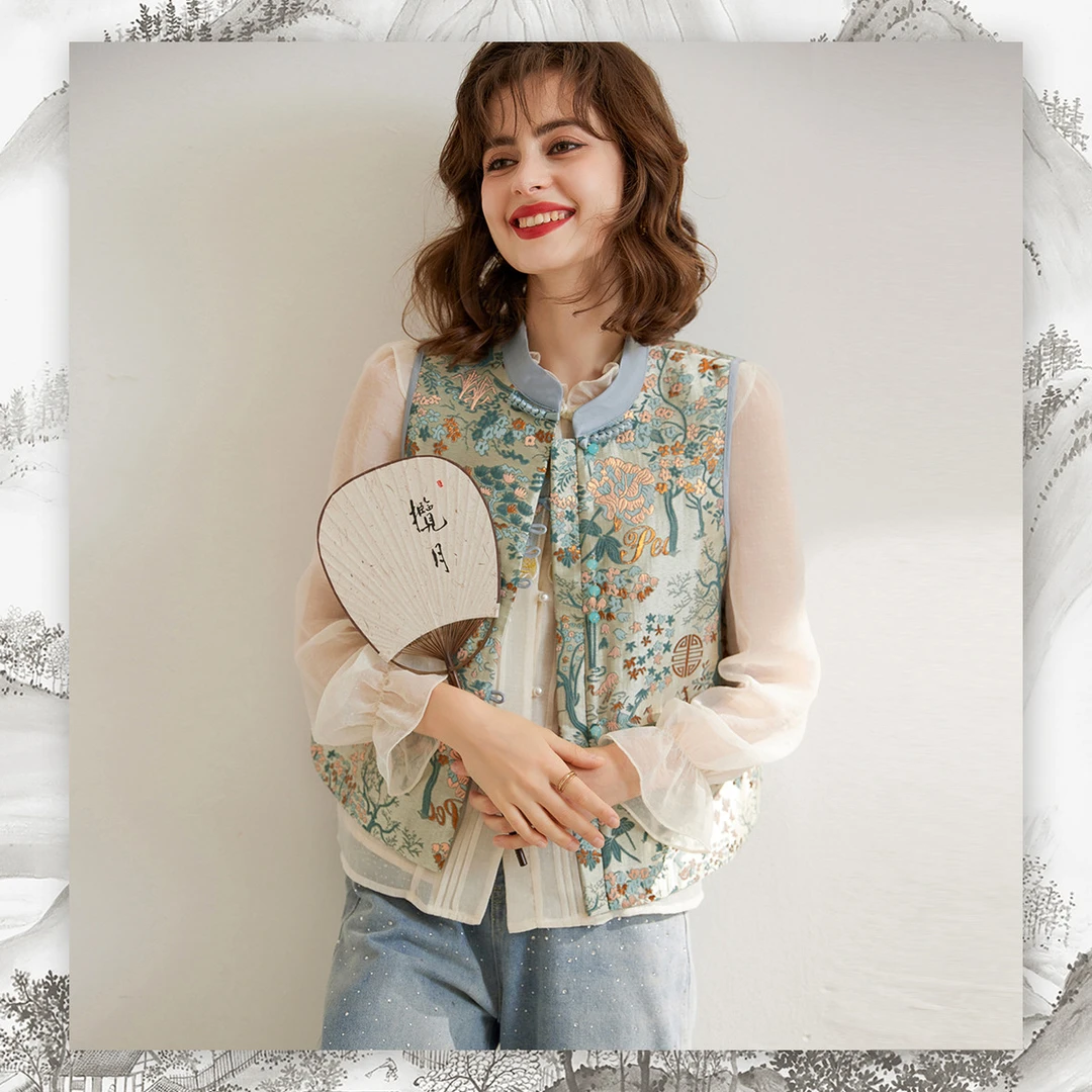 白鹿语春质感撞色圆领盘扣无袖新国风提花马夹马甲HL10170