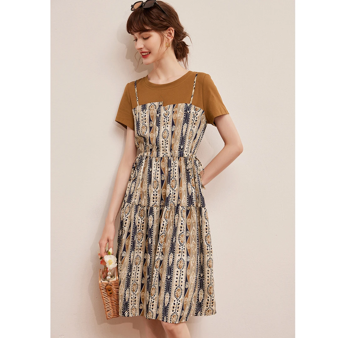 白鹿语24夏季新款时尚复古百搭休闲假两件女装连衣裙YU10687