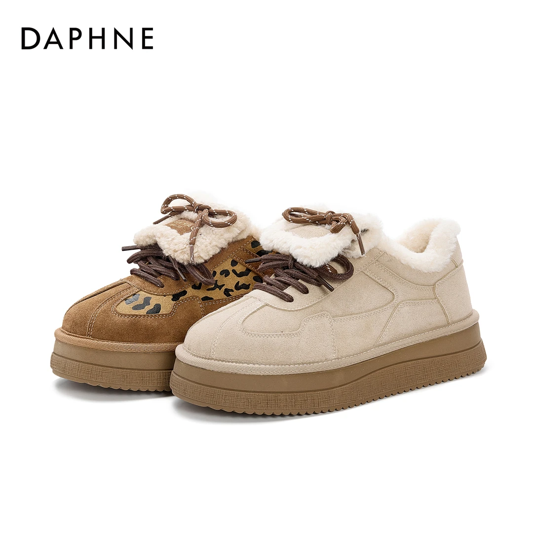 达芙妮冬季保暖时尚百搭平底休闲鞋加厚圆头短筒加绒厚底毛毛鞋