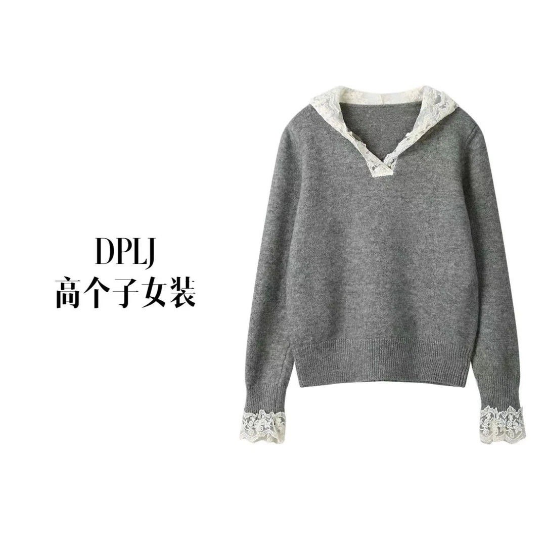 【清】蕾丝物语 高个子加长女装 秋冬蕾丝连帽针织衫软糯毛衣81918