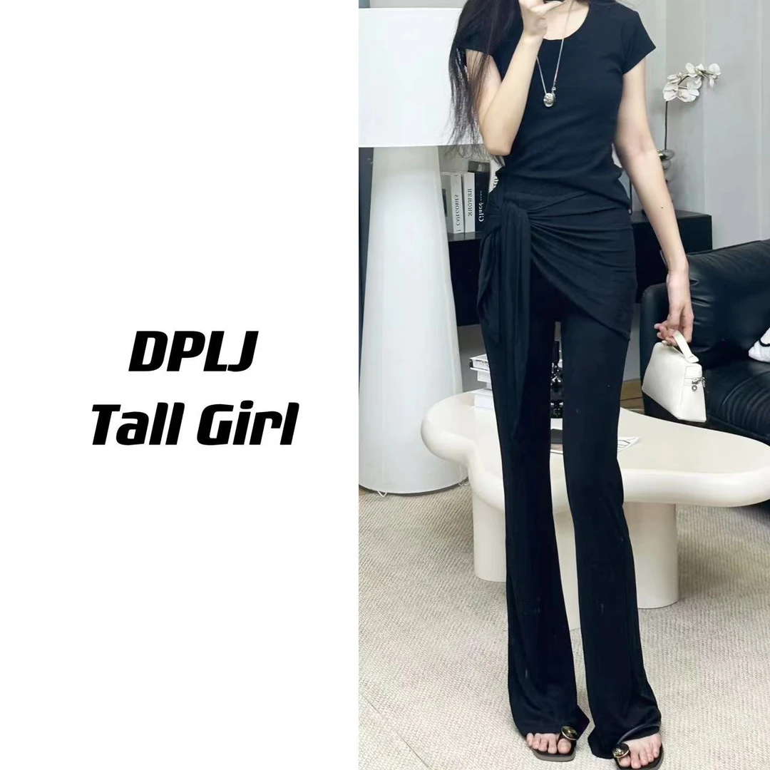 【清】DPLJ高个子女装 假两件系带微喇裤显瘦轻薄松紧腰休闲裤69800