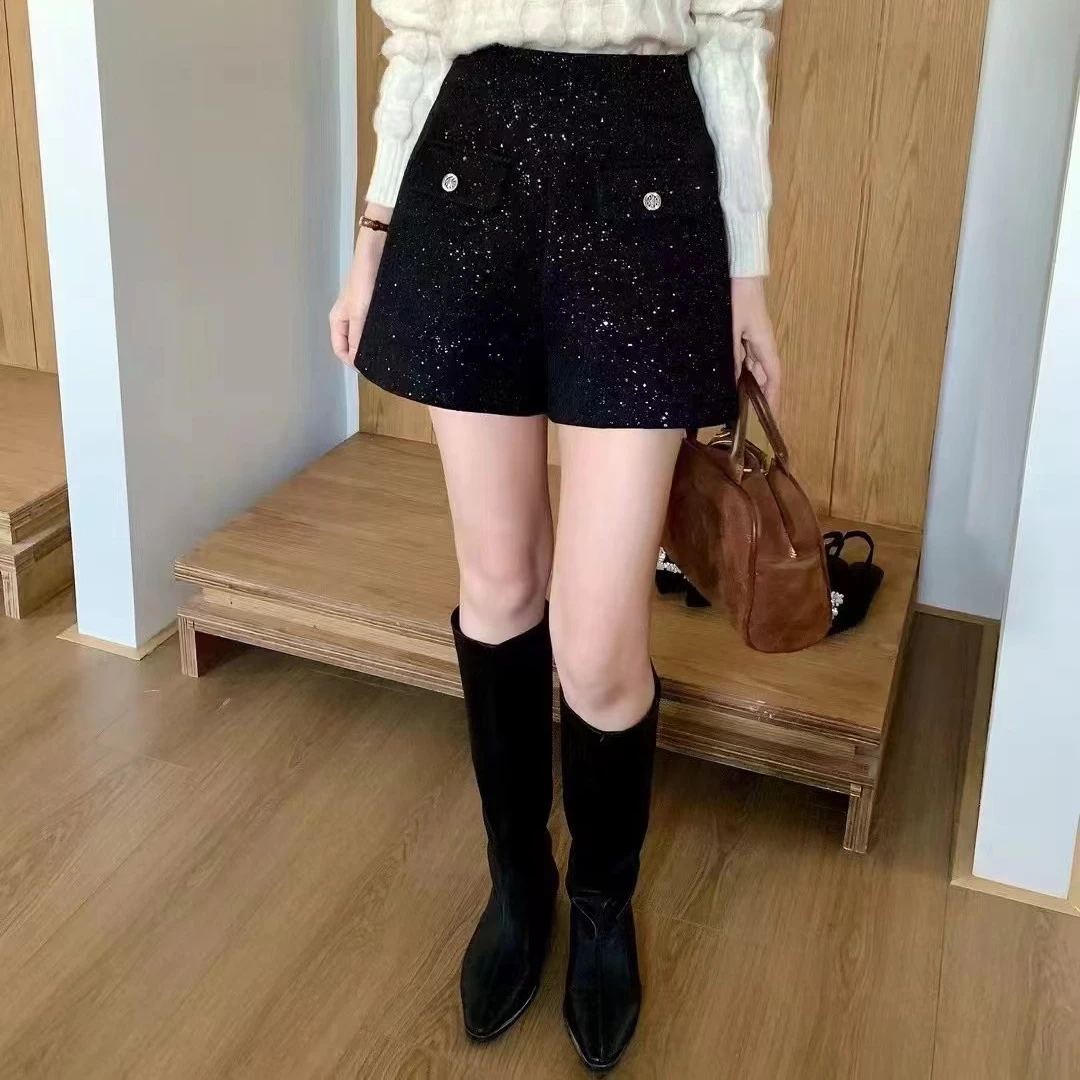 【清】繁星点点 DPLJ高个子女装 加厚秋毛呢短裤高腰阔腿短裤80665