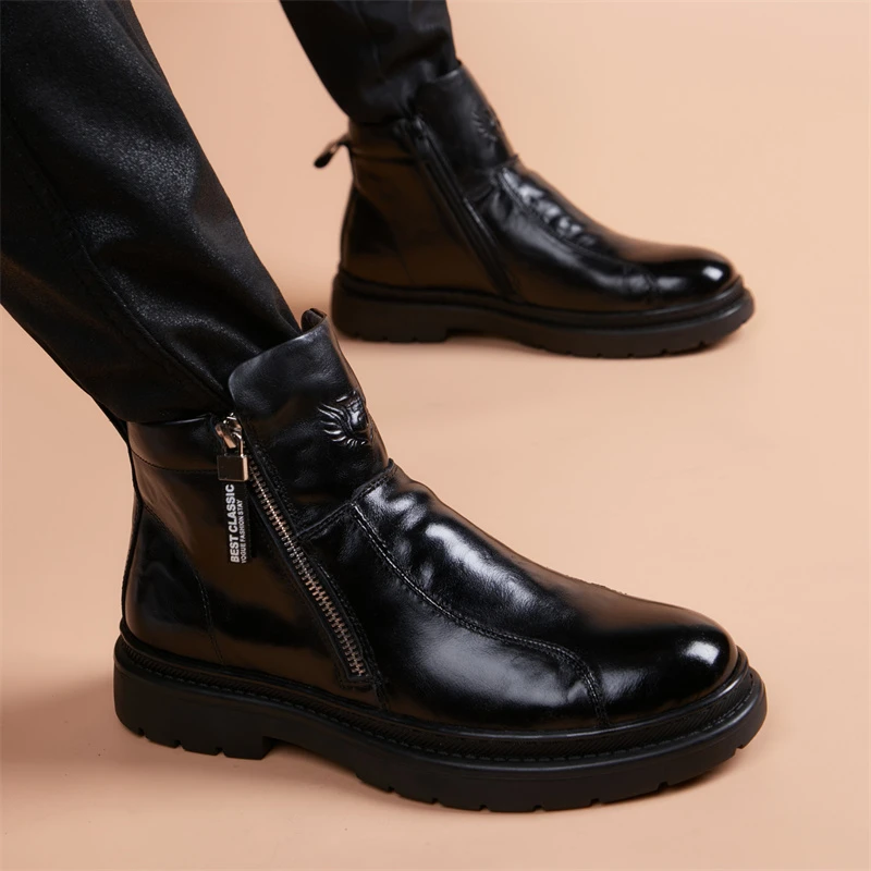 一脚蹬厚底切尔西靴休闲男士短靴潮流拉链增高马丁靴男中帮英伦风