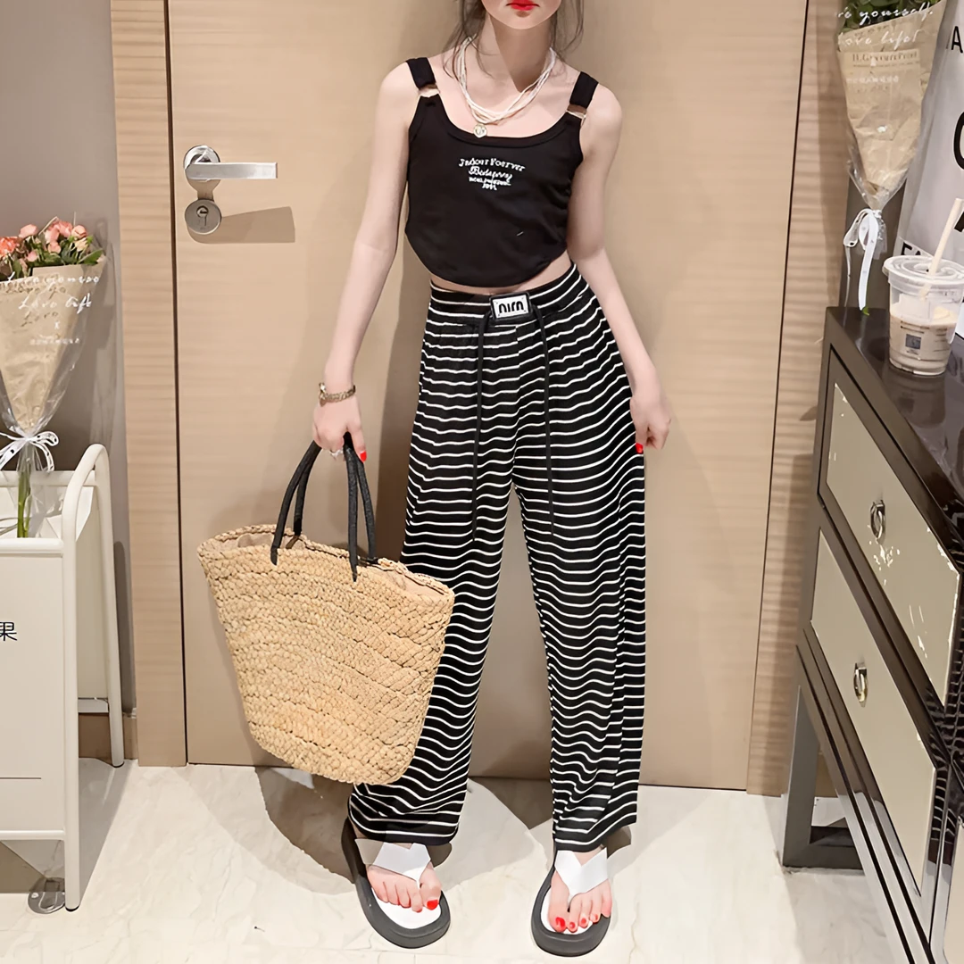 女童阔腿裤夏季2024新款女孩夏天洋气时髦薄款条纹裤儿童夏装裤子