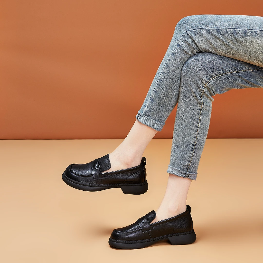 厚底乐福鞋春夏新款头层牛皮英伦风厚底粗跟小皮鞋女单鞋女鞋