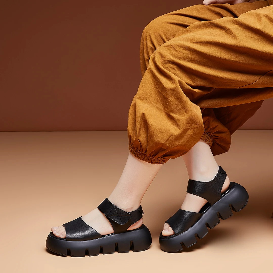 头层牛皮一字带复古风厚底外穿女凉鞋女鞋