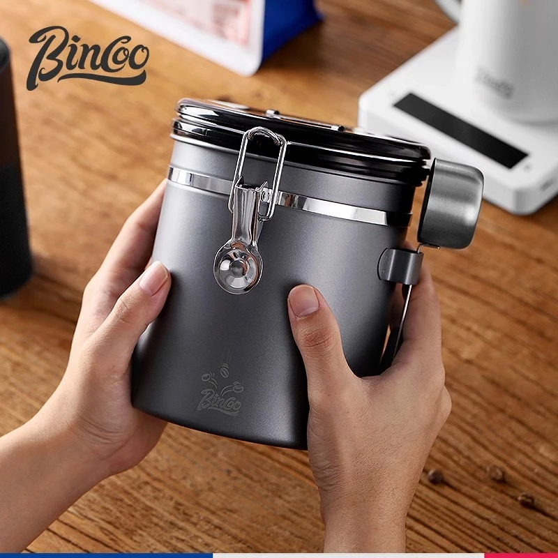 Bincoo咖啡豆密封罐不锈钢单向排气咖啡粉储存避光养豆罐1500ml