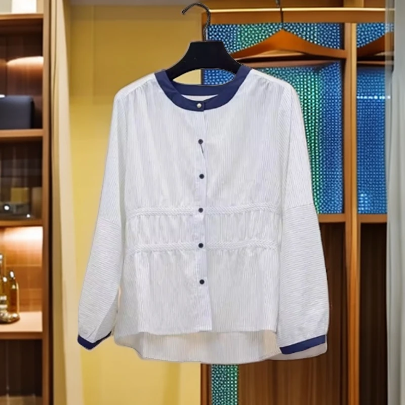 时尚通勤条纹长袖衬衫女秋季新款设计感宽松显瘦气质遮肉百搭衬衣