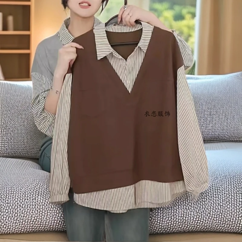 大码时尚条纹拼接POLO领衬衫胖MM女装秋季新款显瘦长袖假两件上衣