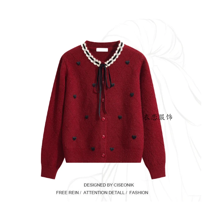 蕾丝花边领蝴蝶结针织开衫外套女秋冬2025时尚圣诞氛围感红色毛衣