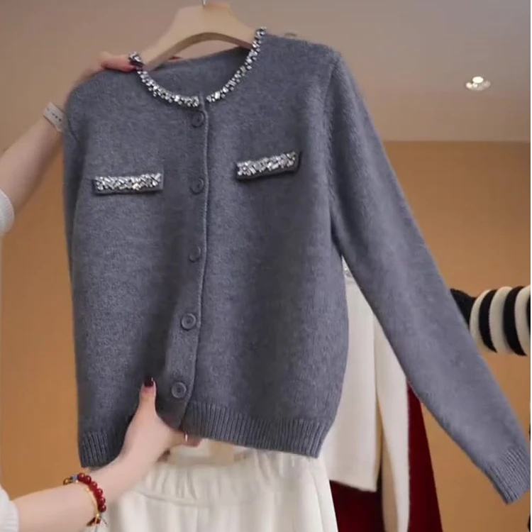 2025春季新款轻奢小香风外套镶钻设计简约高级灰色毛衣女百搭显瘦
