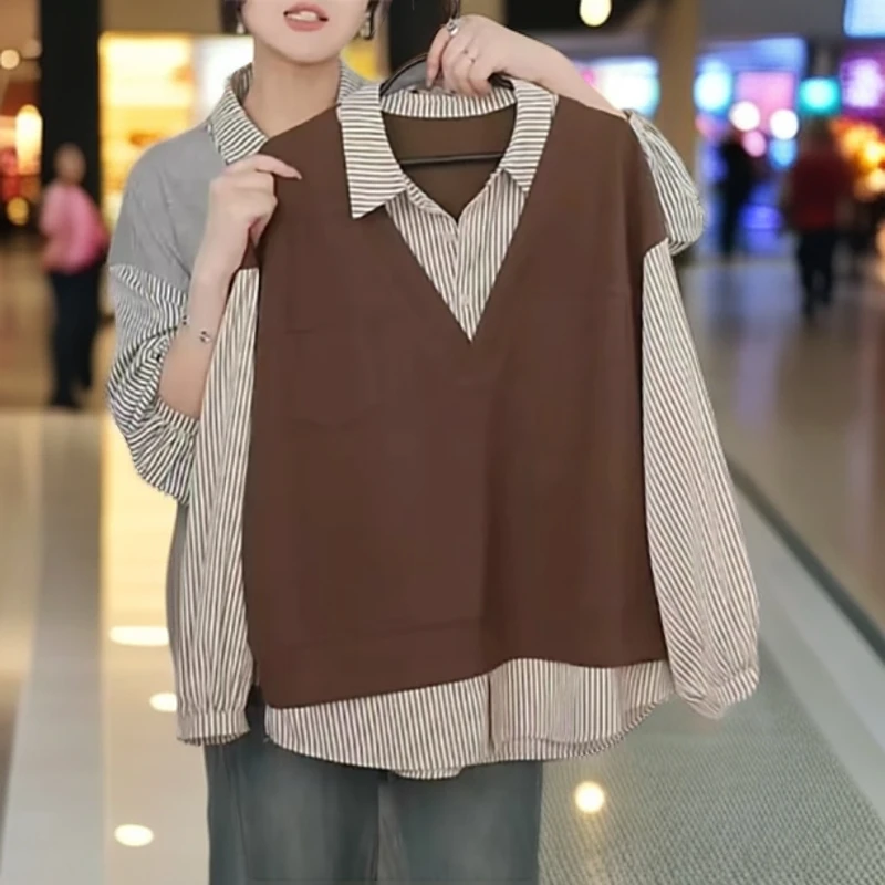 大码时尚条纹拼接POLO领衬衫胖MM女装秋季新款显瘦长袖假两件上衣