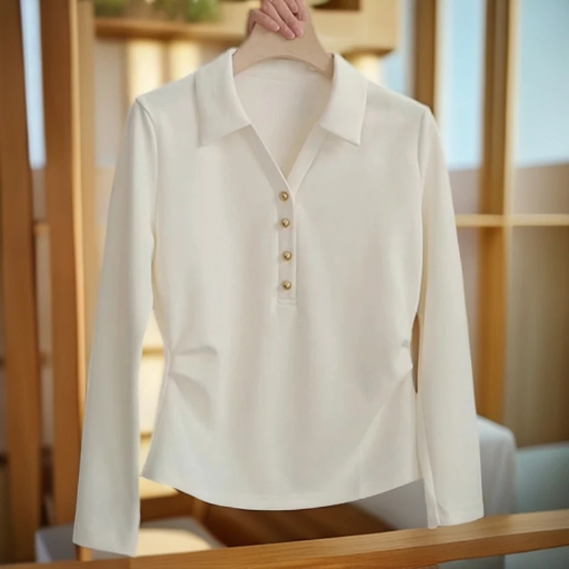 洋气正肩显瘦t恤女2025秋装时尚设计感小众百搭显瘦翻领打底上衣