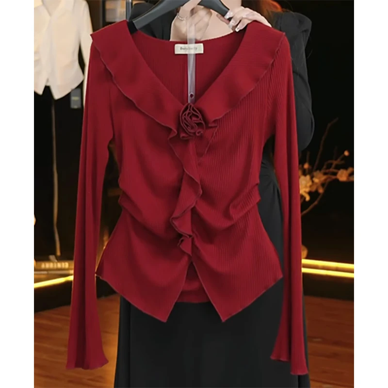 秋季女装2025新款时尚气质针织V领木耳边立体装饰设计长袖T恤上衣