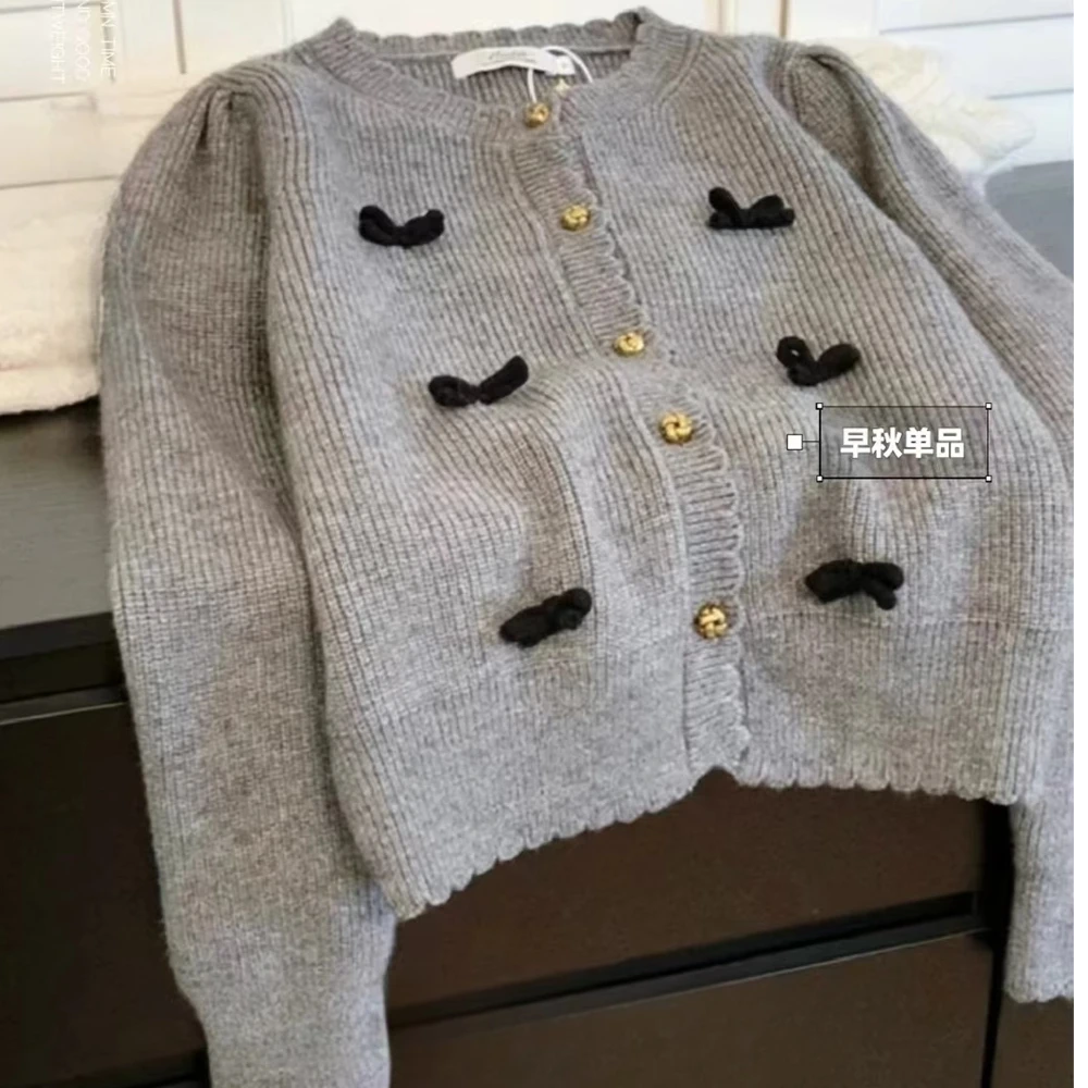 早春法式小香风蝴蝶结毛衣开衫女秋冬款2025新款小个子上衣短外套