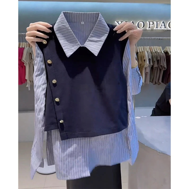 大码2025年早春新款翻领撞色假两件衬衫女装微胖复古百搭休闲上衣