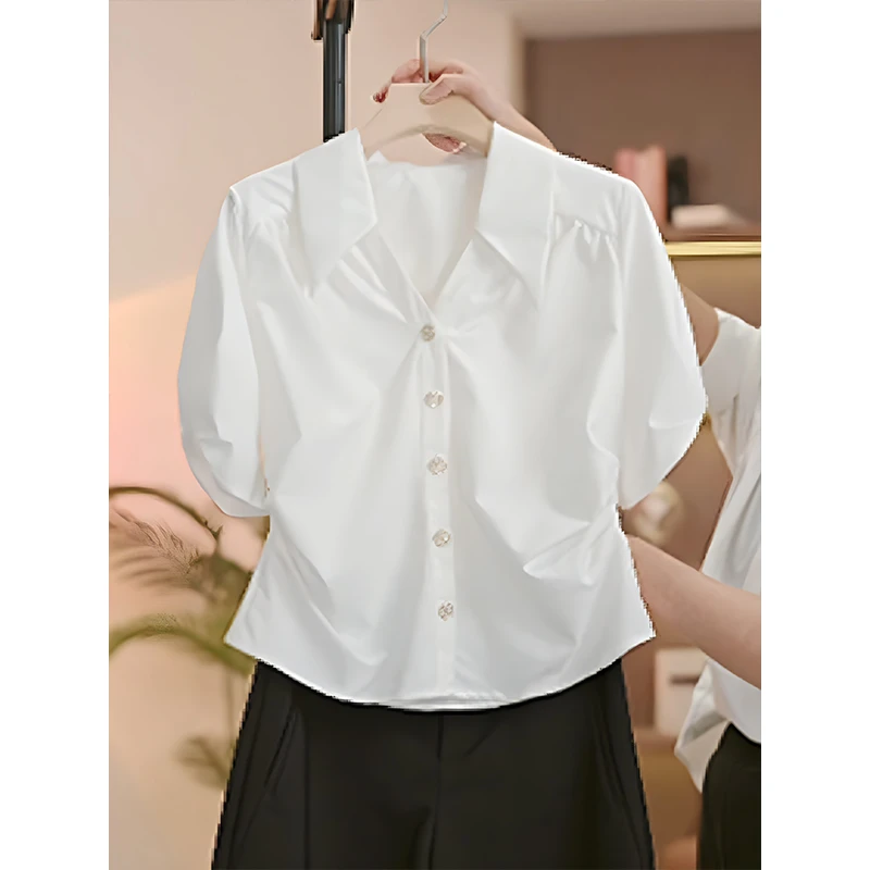 法式衬衫女夏季2025新款小众设计感白色衬衣气质通勤时尚短款上衣