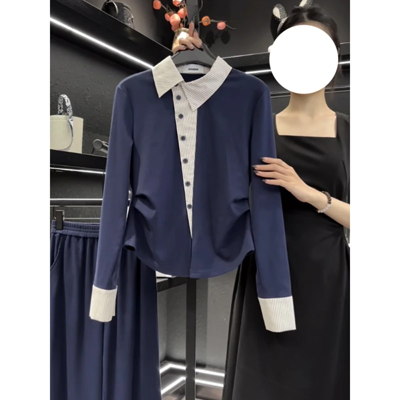 春季女装2025新款时尚气质假两件拼接条纹斜排扣设计长袖衬衫上衣