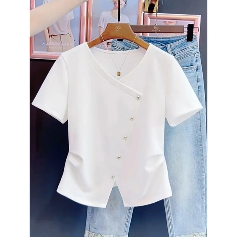 高端v领正肩短袖女t恤夏大码微胖今年流行漂亮小衫收腰遮肚子上衣