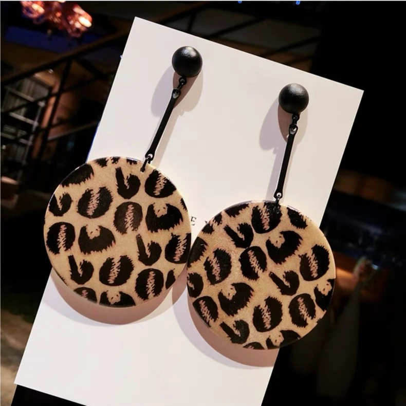 铜合金木质耳饰 气质豹纹网红同款复古夸张款欧美耳环时尚长款ins