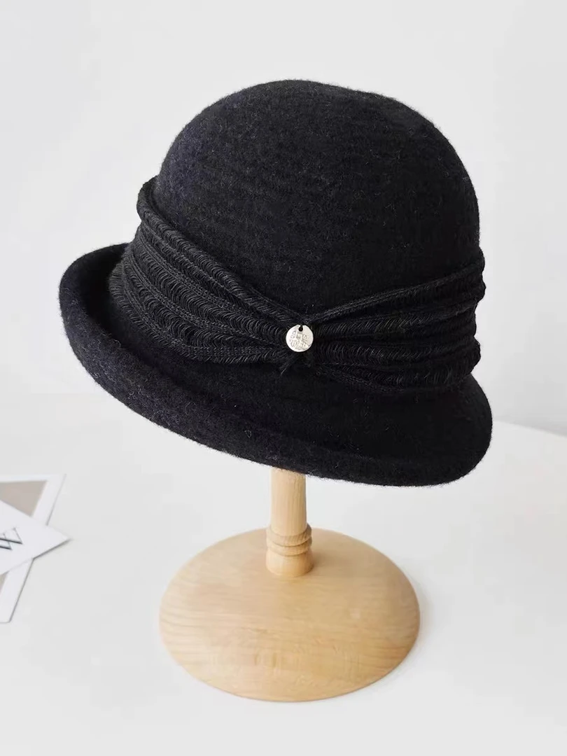 秋冬新款卷边羊毛呢帽子复古百搭优雅气质盆帽可折叠