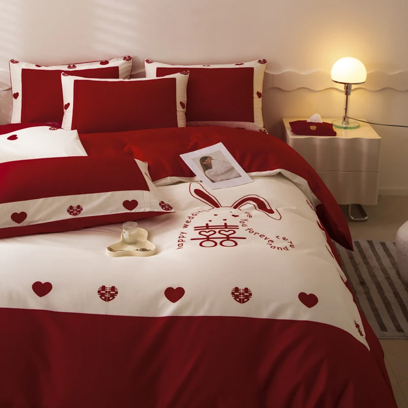 水星家纺全棉婚庆四件套大红色床单被套被罩纯棉喜被陪嫁结婚床品