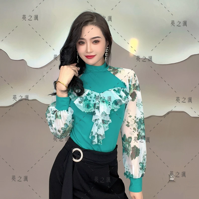 【英之飒】2136款高领印花连体显瘦长袖舞服跳舞上衣时尚百搭气质