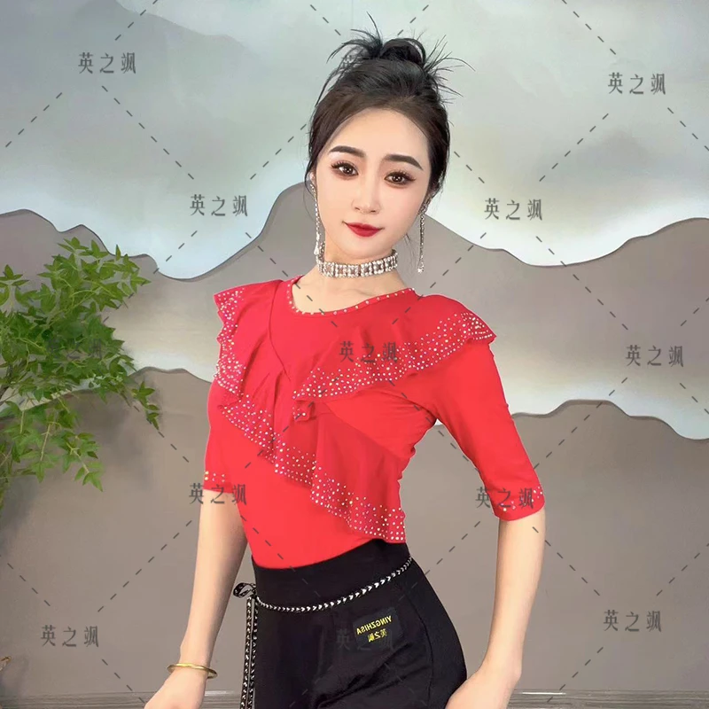 【英之飒】2176斜搭烫钻五分袖连体显瘦长袖舞服镶钻百搭短款打底衫