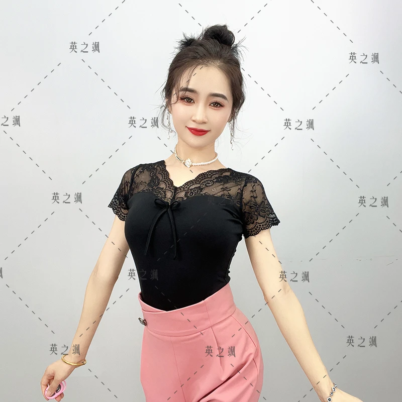 【英之飒】2201蕾丝短袖舞蹈衫短款上衣气质广场舞水兵舞吉特巴时尚