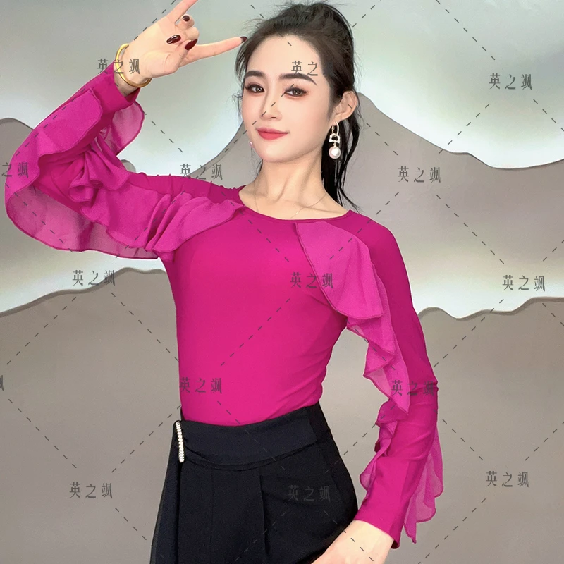 【英之飒】荷叶边跳舞上衣连体显瘦长袖舞服设计感上衣时尚百搭6146