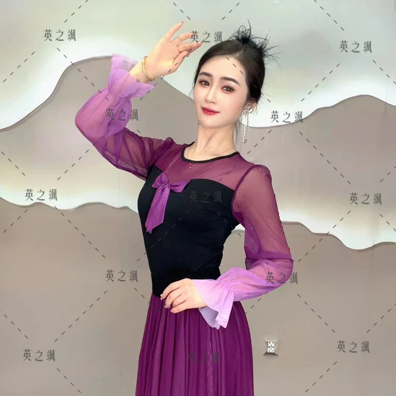 【英之飒】渐变长袖跳舞上衣连体显瘦长袖舞服跳舞百搭短款小众2178