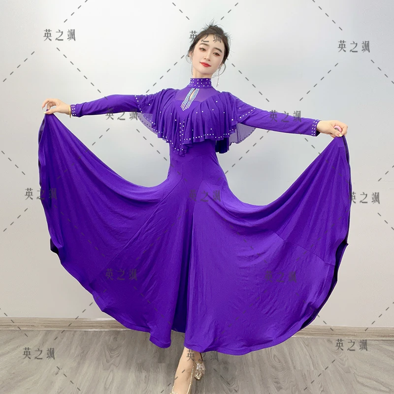【英之飒】2203立领烫钻连衣裙广场舞交谊舞国标点帕斯中长舞蹈裙