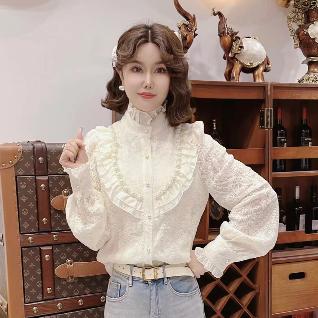 闺蜜精品102701【月下影】珍珠菲边蕾丝衬衫