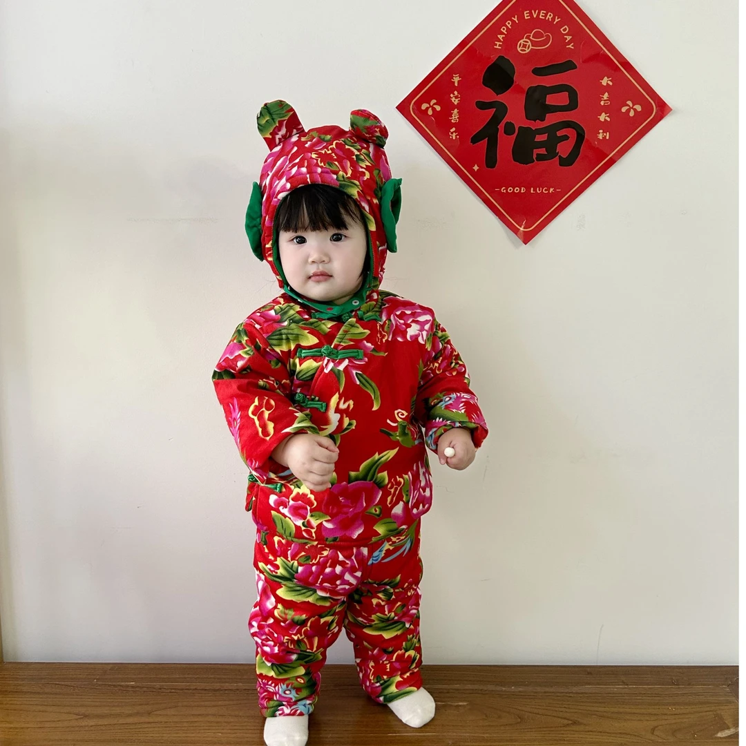 婴儿连体衣服东北大花棉套装民族风男女宝宝爬服上衣+裤子+帽子