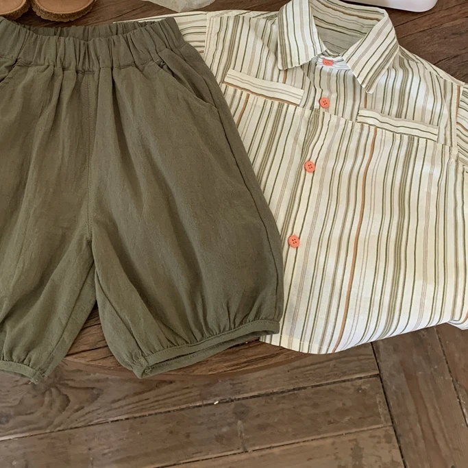 abnn男童夏款洋气条纹衬衫休闲裤套装中小童衬衣宝宝日系舒服中裤