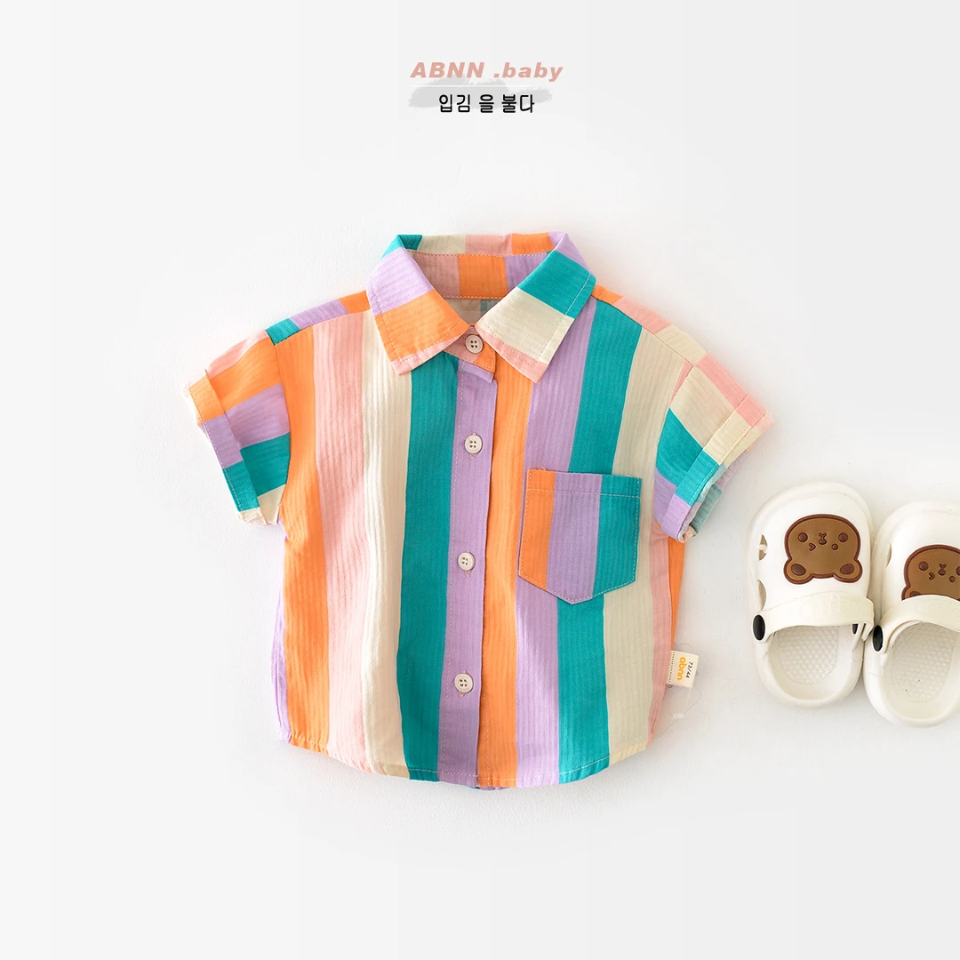abnn男童2024夏季新款时尚棉质短袖衬衫中小童彩虹条休闲半袖潮