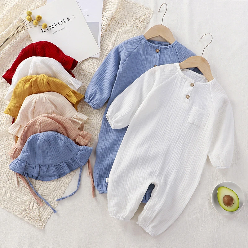 abnn婴儿衣服春秋新款新生儿长款爬服纱布哈衣连体衣宝宝夏季