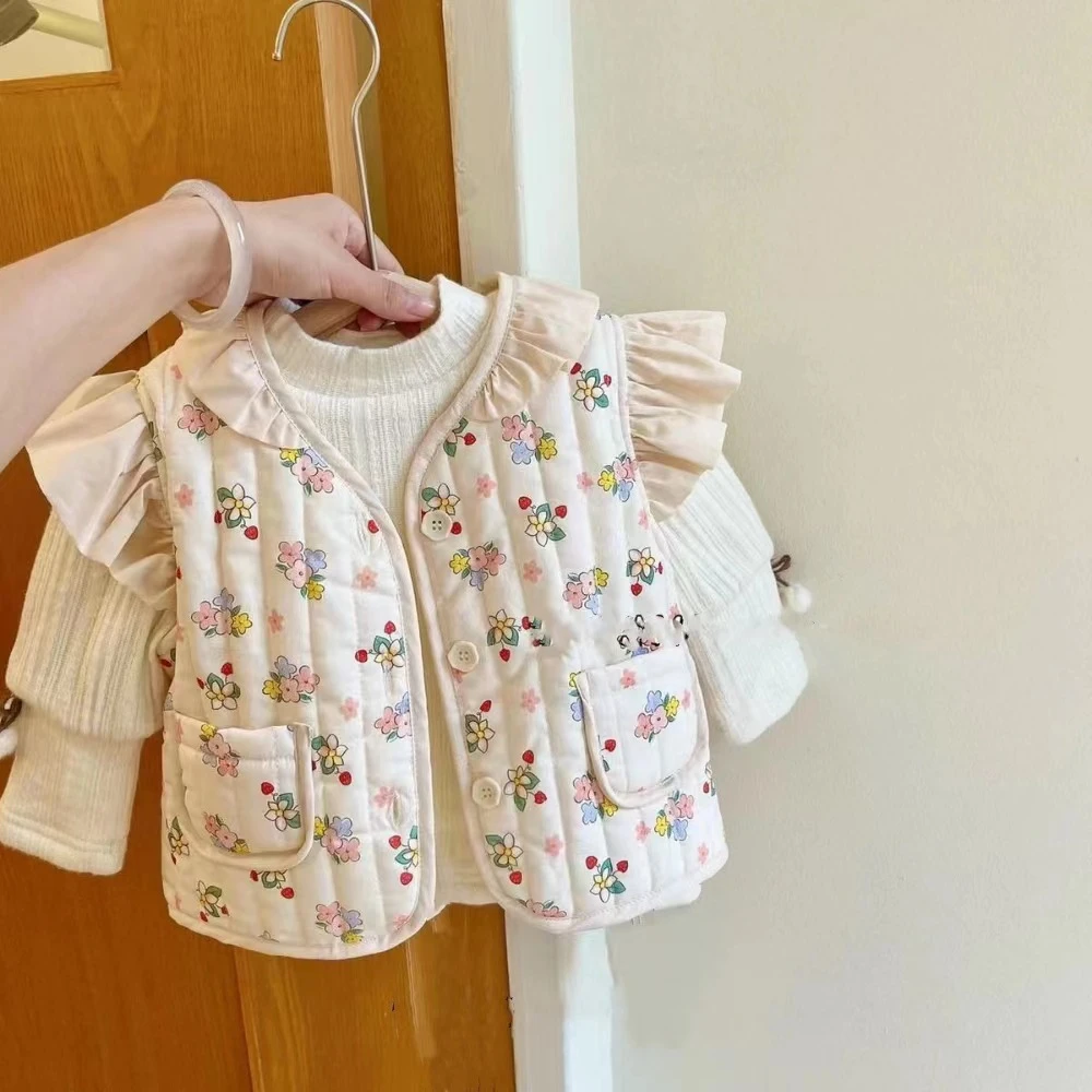女宝宝花边领薄棉马甲小童秋冬保暖卡通碎花外套加绒上衣婴儿