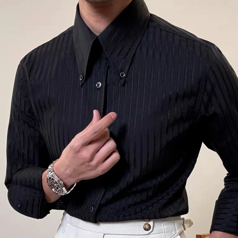 西格Xg 春秋法式长尖领男条纹衬衫免烫薄款商务绅士长袖衬衣3318