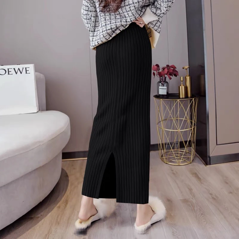 秋冬针织半身裙黑色高腰显瘦包臀加长款毛线裙开叉一步裙百搭休闲