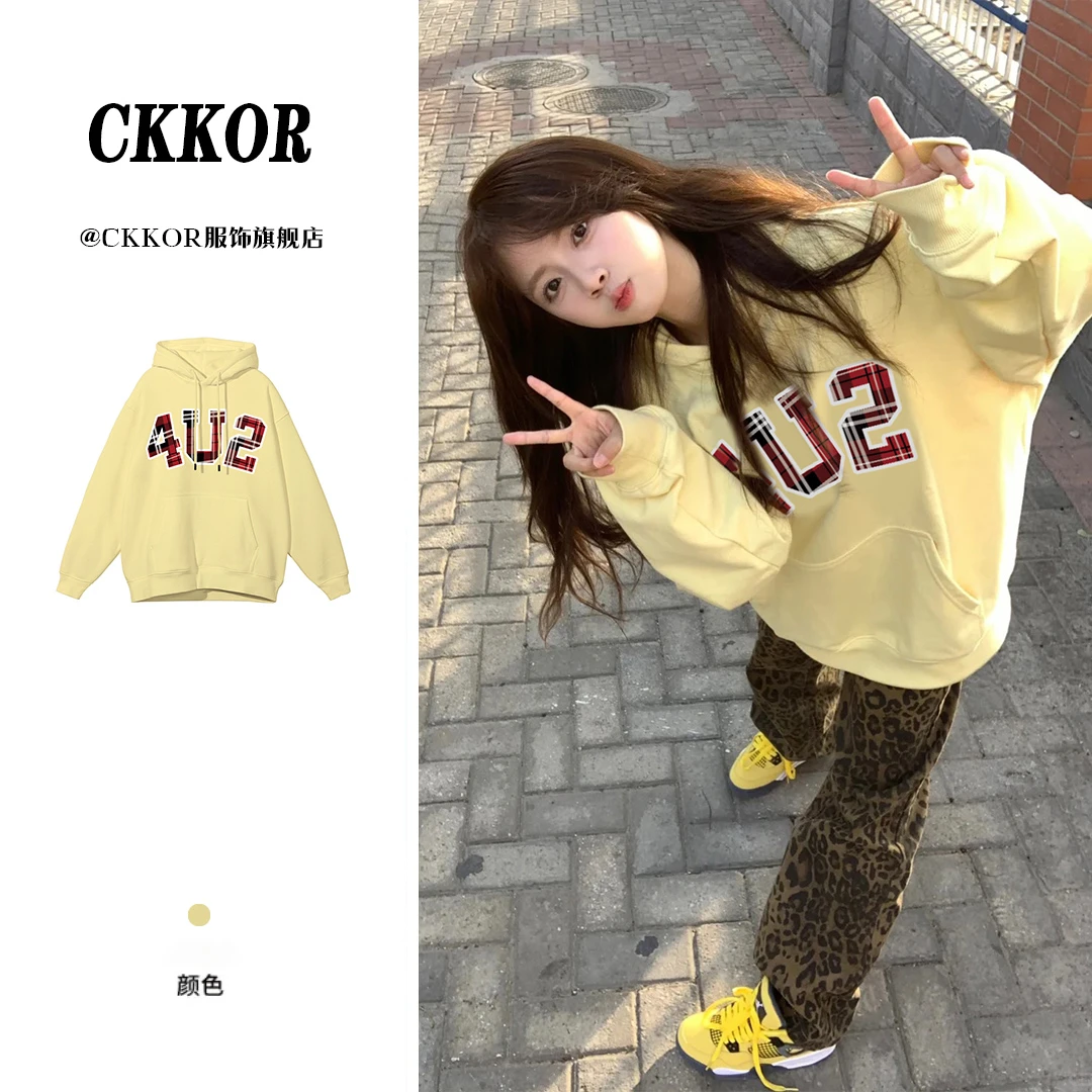 CKKOR春秋款时尚学院风加绒卫衣女韩版印花休闲百搭ins风长袖上衣