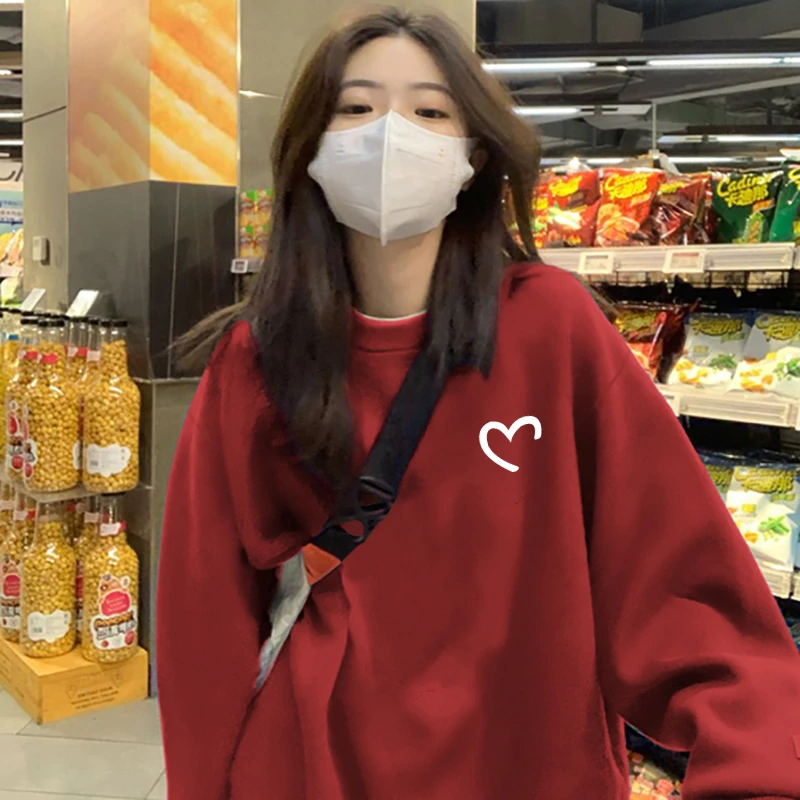 CKKOR酒红色印花爱心春秋薄款圆领卫衣女百搭宽松慵懒风卫衣学生