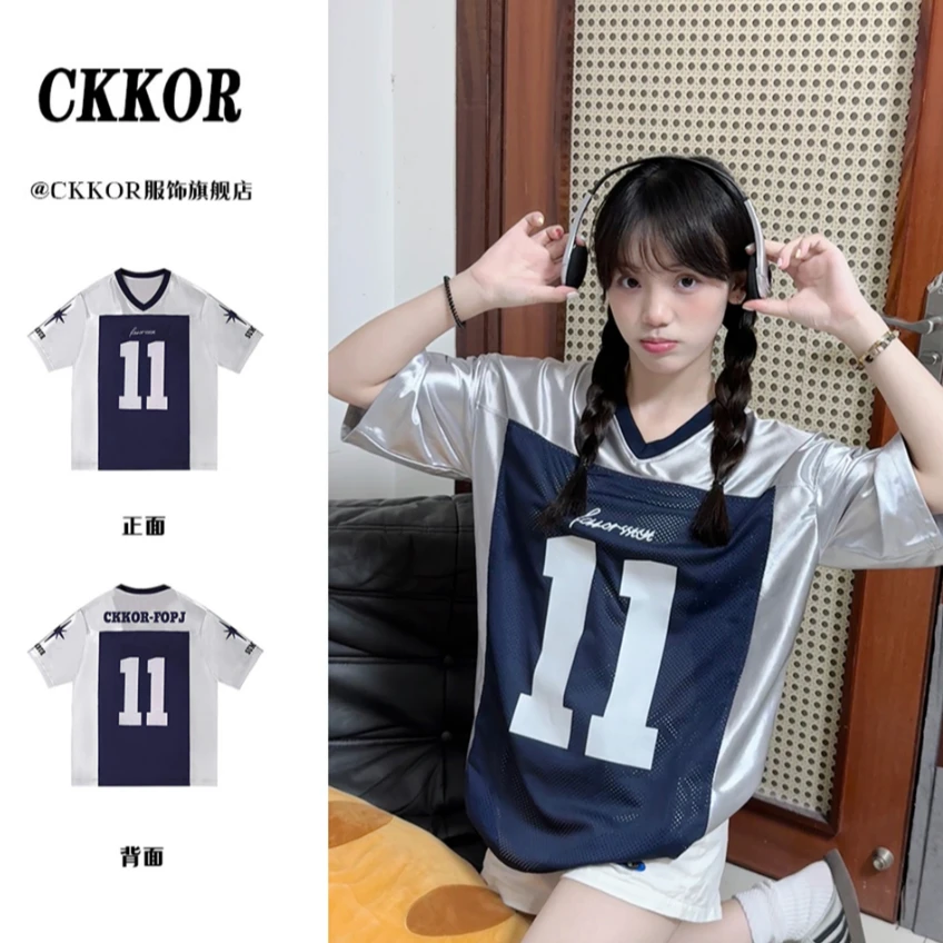 CKKOR夏季新爆款美式球衣短袖t恤女V领半袖女潮牌运动风球服t恤女