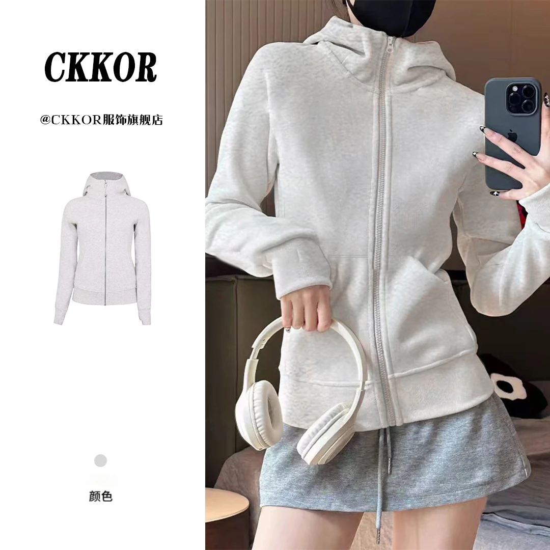 CKKOR春秋新款正肩修身连帽卫衣加绒加厚女时尚ins风拉链开衫外套
